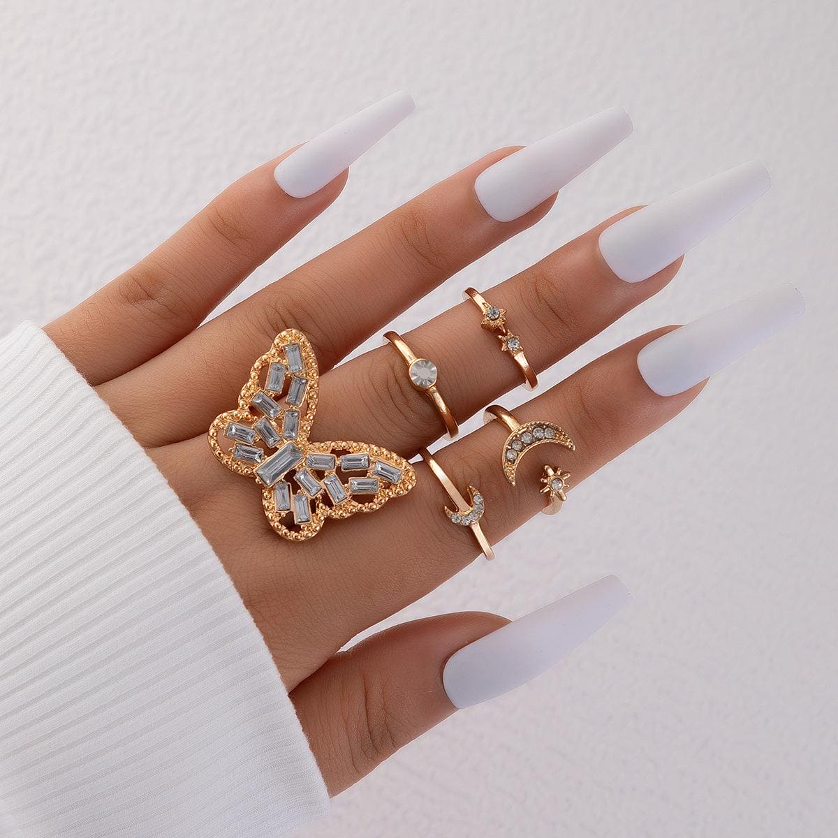 Set Of 5 Alloy Butterfly Star Moon Set Open Rings, Crystal Star Moon Butterfly Knuckle Finger Ring Set, Cartoon Moon Finger Rings Star Heart Jewellery Set Of 5 Alloy Butterfly Star Moon Set Open Rings, Crystal Star Moon Butterfly Knuckle Finger Ring Set, Cartoon Moon Finger Rings Star Heart Jewellery